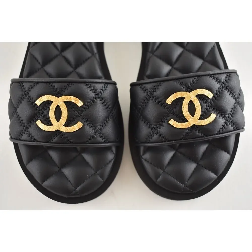 Chanel REV Black Quilted Leather Gold Logo Mule Slide Sandal Flip Flop Flat 35
